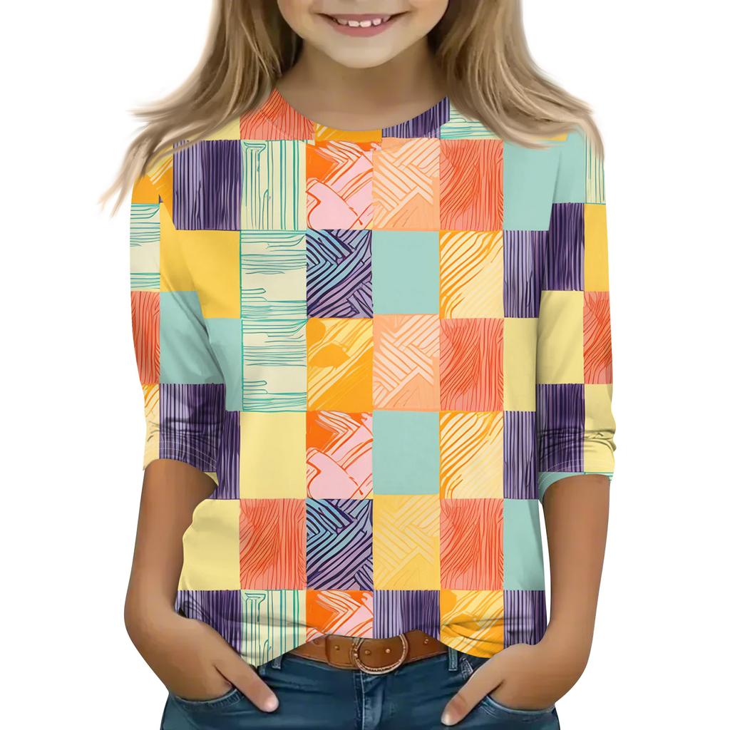 Print Tops For Youth Girls 5-16 Years Round Neck 3/4 Sleeves T-Shirts Trendy Tops Outfit Tees