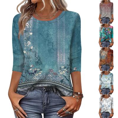 Damenmode Lässig Dreiviertelärmel Blumenmuster Rundhals Oberteil
