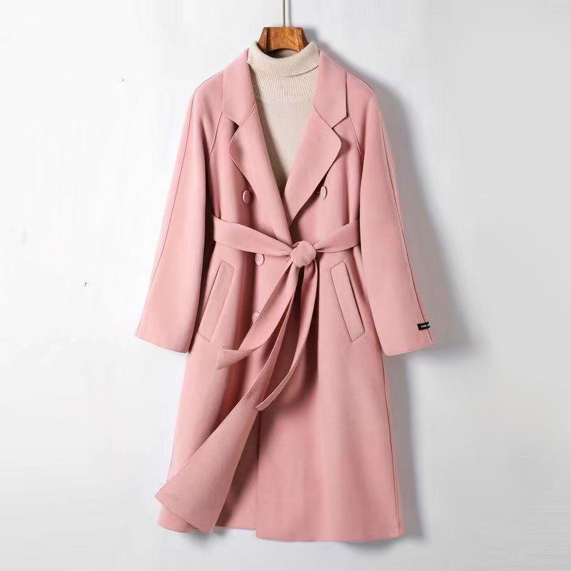 Teplý a módní vlněný kabát v jednobarevných barvách pro ženy s páskem na podzim a zimu