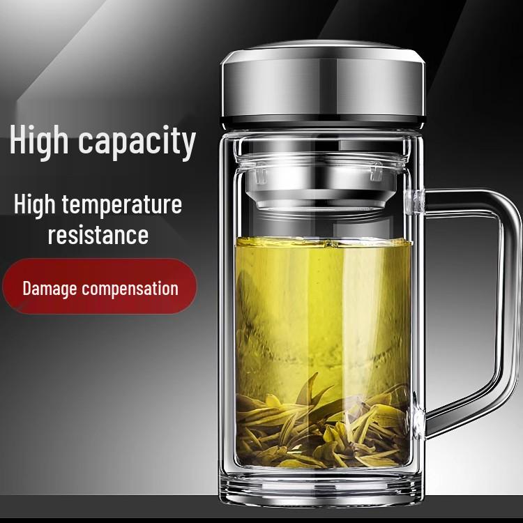 Men's Double-Layer Glass Teacup with Handle - Large Capacity for Office and Home Use