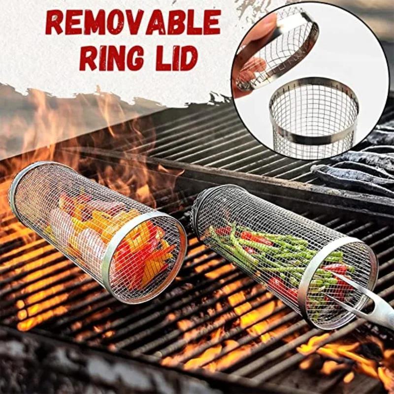 3 Pcs Rolling Grilling BBQ Basket Stainless Steel Leakproof Mesh Barbecue Rack Outdoor Picnic Camping Cylindrical BBQ Grill