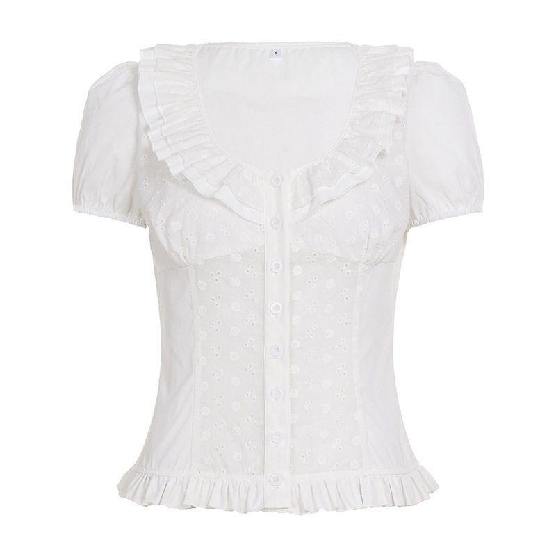 

Summer Bm-Style White Pleated Design Ruffled Waist-Cinching Short-Sleeve Shirt American College Slim-Fit Top White S