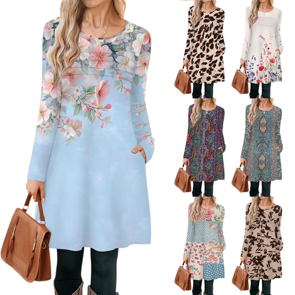 Damen Lässige Mode Langarm Grafikdruck Vintage Kleider mit Taschen