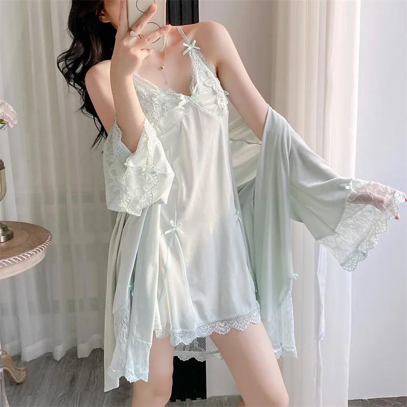 Jesienna Damska Bielizna Nocna Aksamitny 2-częściowy Zestaw Szlafroków Seksowna Czarna Koszulka Nocna na Ramiączkach Lounge Wear Lingerie Koronkowa Koszula Nocna Odzież Domowa