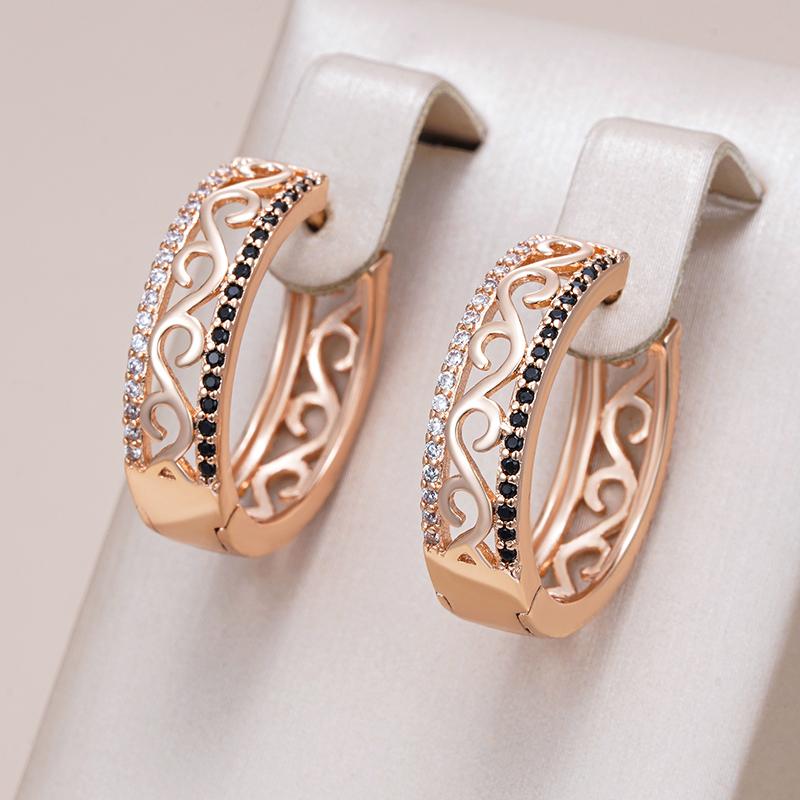 Unusual  Rose Gold Color Big Hoop Earrings For Women Shiny Black Natural Zircon Accessories Daily Fine Vintage Jewelry
