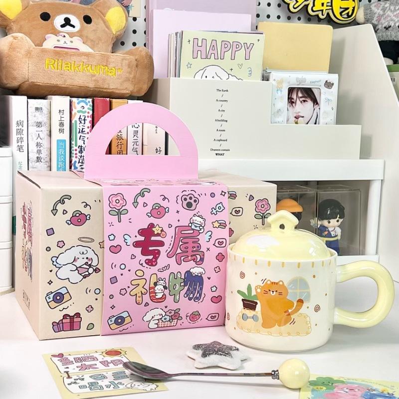 Cupa ceramică pisică drăguță de desene animate cu capac cuplu băiat și fată cană de birou cupă de băut cadou de ziua de naștere