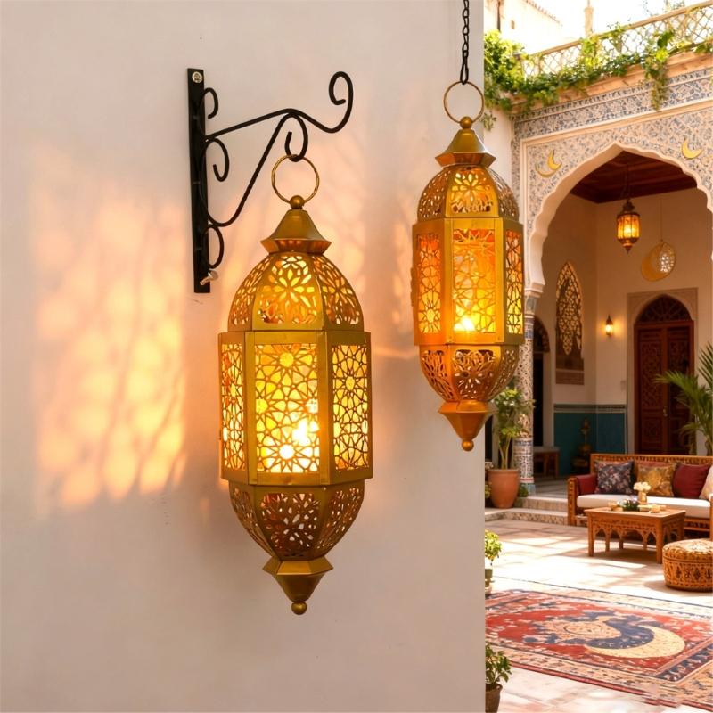 Portacandele in Ferro Battuto Marocchini Lanterna con Design Traforato da Appendere Decorazioni Regalo per Eid Ramadans