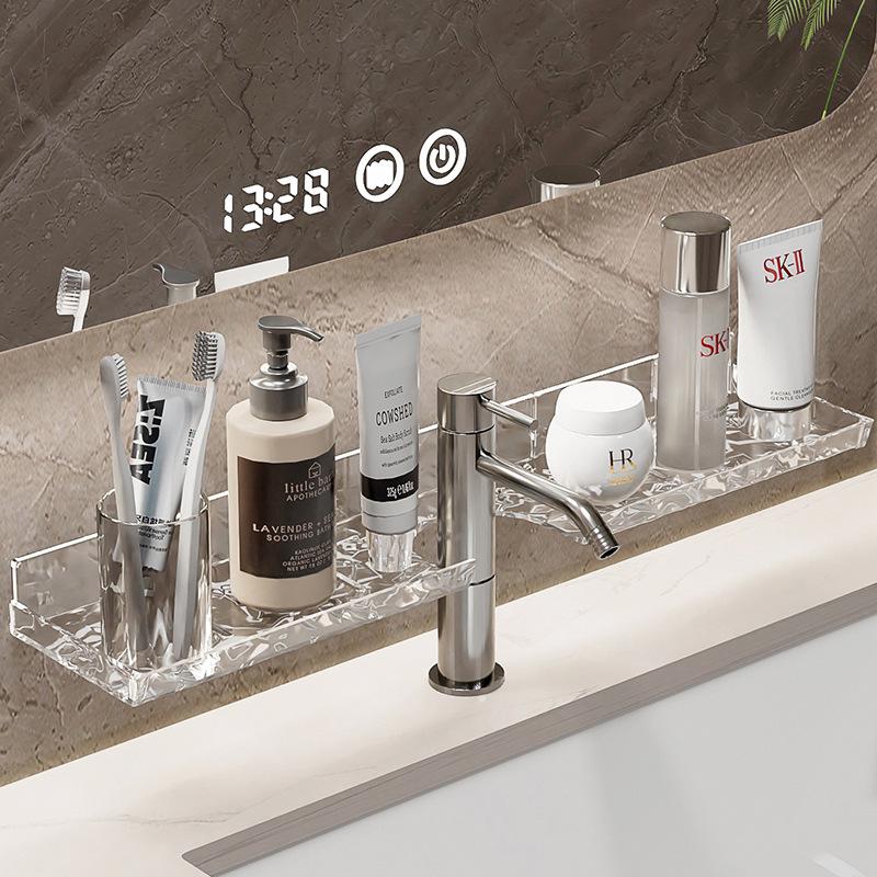 Wall-Mounted Luxury Bathroom Organizer: Punch-Free Washbasin Faucet & Mirror Cosmetics Storage Rack