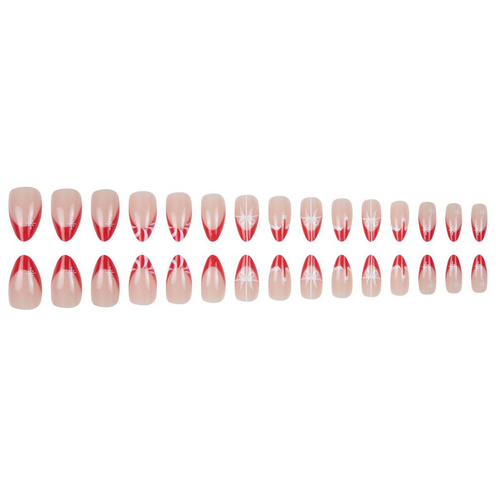 Christmas Almond Shape Wearable Nails Set: 30 Pieces with Red Bow, French Red, and White Stripes Design