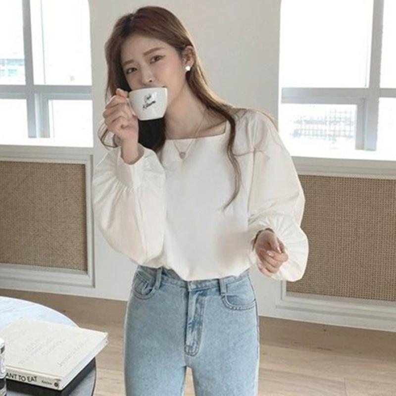 1116 Shirt Women's Korean Version of Simple Niche Temperament Horn Sleeve Shirt French Square Collar Loose Solid Color Inner Top