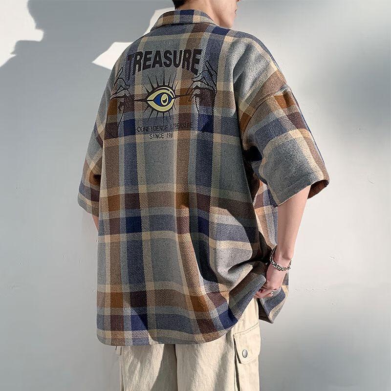 Foss Phil Men's Short-Sleeve Shirt, Summer Loose Plaid Shirt, Casual Jacket, Men's Clothing CY53 Gray-Blue XL