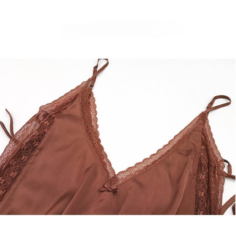 Women's New Sexy Jumpsuit Deep V Backless Trousers Leg Open Simulation Silk Halter Lace Pajamas Jumpsuit