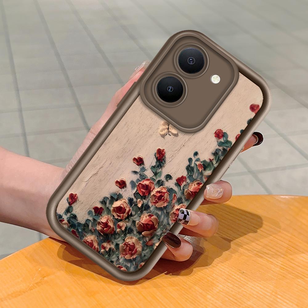 

М яка силіконова квадратна драбина з малюнком для телефону Корпус телефону Повне покриття Камера Протиударний захист Гумовий чохол для Vivo Vivo Y31 2021 коричневий