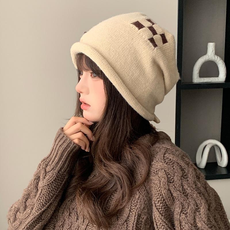 Knitted drawstring stacking hat Children's spring and autumn crimping warm ear protection nightcap big head circumference checkerboard wool hat