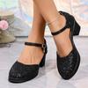 Fashion 2025 Ladies Shoes Plus Size Women's High Heels Trendy Black Glitter Ankle Buckle Strap Elegant Chunky Heels Shoes for Women