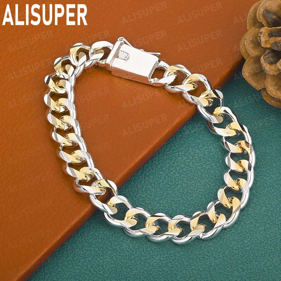 925 Sterling Silver 10mm Two-Tone Gold Interlocking Bracelet - Fashion Gift Jewelry 20cm