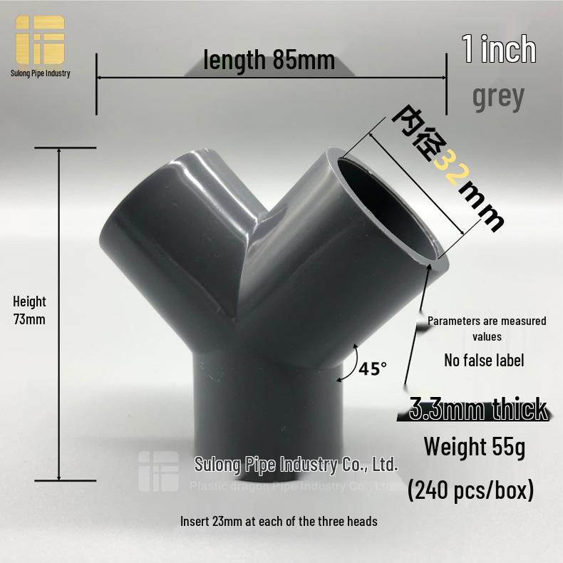 PVC Y-Type Elbow Tee 45° Three-Way Connector for Water Pipes (20-75mm)