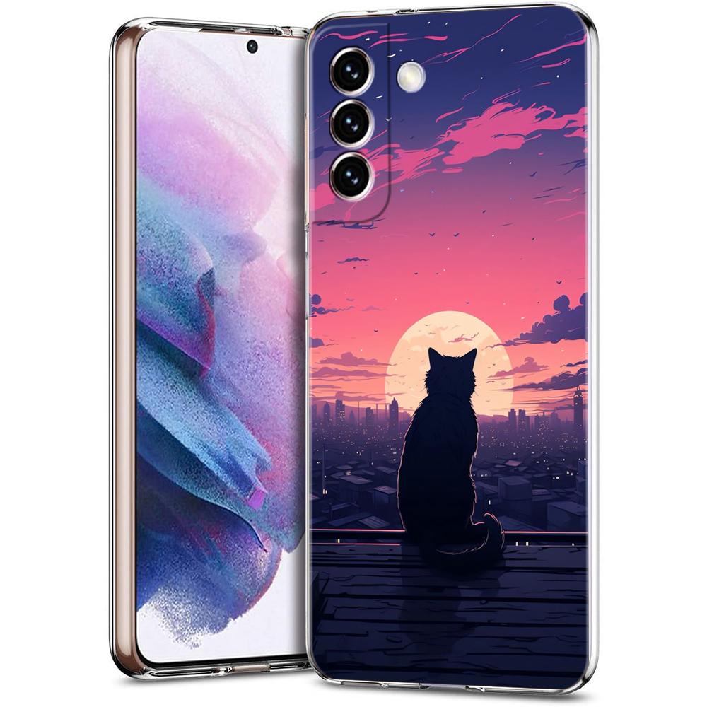Transparent Phone Case Cover for Samsung Galaxy S25 S24 S23 S22 S20 S21 FE Ultra S24 S23 S10 S10E Plus Funny Sunset Cat Pattern