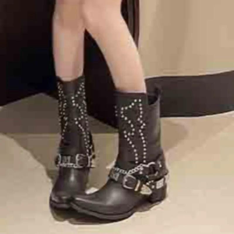 Women's Mid-heel Chain Chelsea Boots Winter Thick-soled Mid-calf Boots 2024 Designer New Trend Women's High-heeled Short Boots