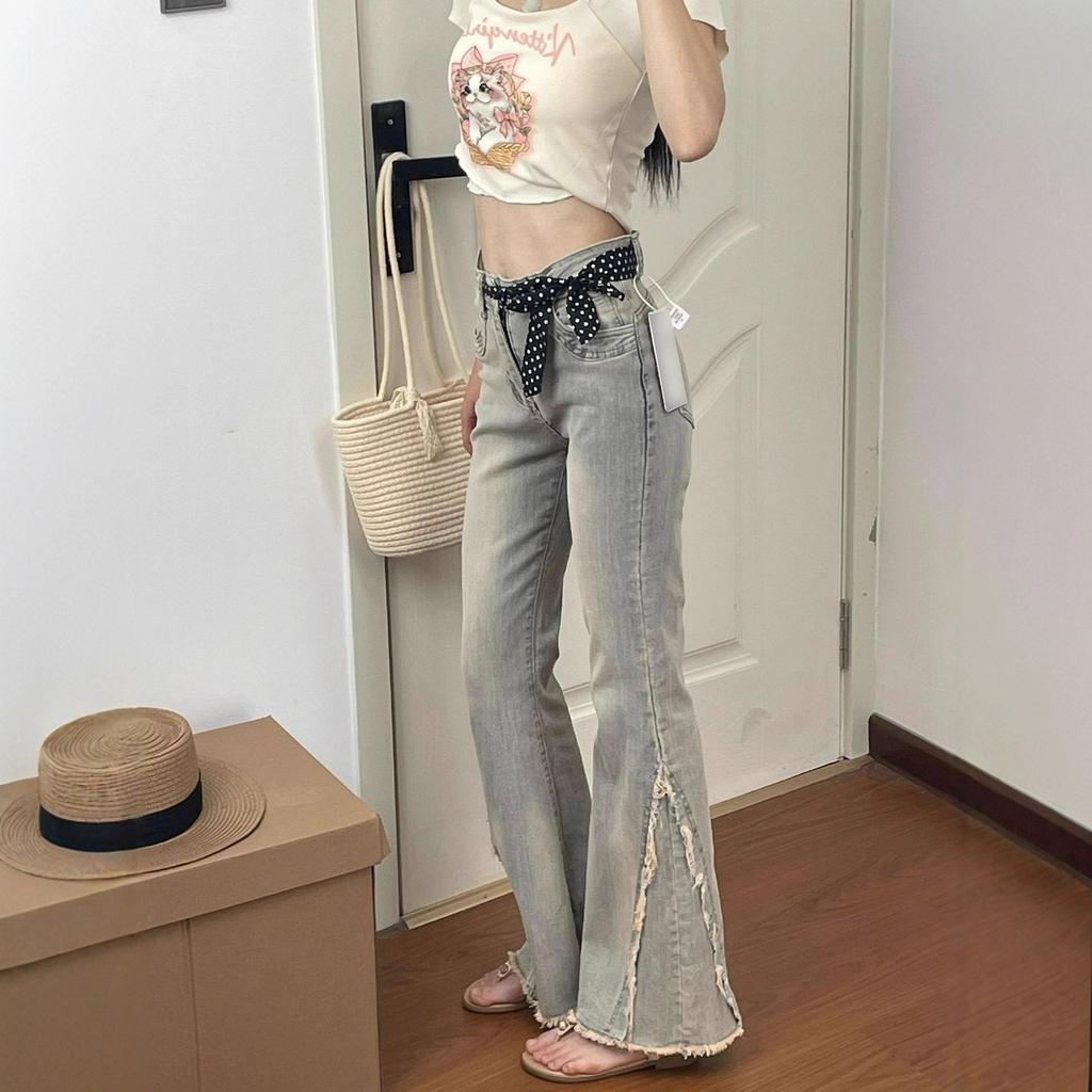 High Street Retro Micro Flared Jeans Women Burlap Patchwork Design Sense Niche Slim Thin Straight Horseshoe Pants Retro Baggy Long Jeans for Ladies