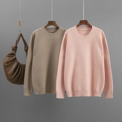 A New Round Neck Solid Color Sweater for Women's Versatile Loose Knitted Top for Autumn and Winter