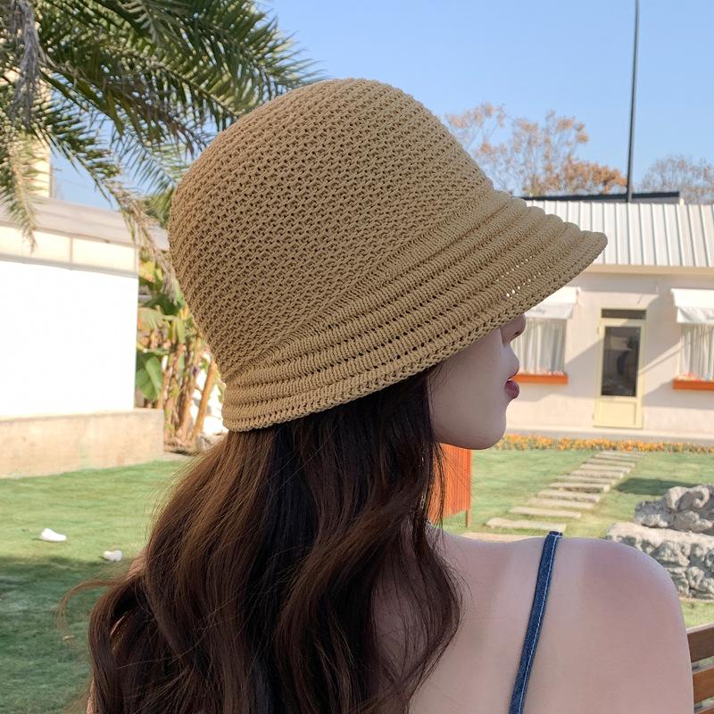 Hat Women's Thin Hollow Knitted Basin Hat Spring and Summer Sun Hat Show Small Irregular Brim Simple Versatile Breathable