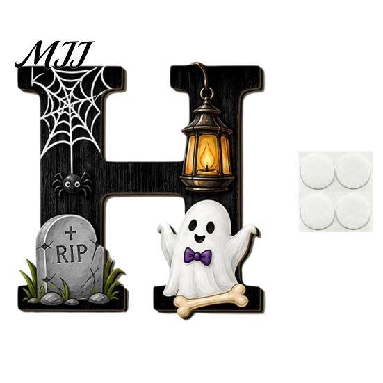 Holiday Home Accents Halloween HOME Letter Wall Hanging Ornament, Wooden Festive Decor with Ghost Skull Party Supplies Pumpkin Black Cat Bat Elements