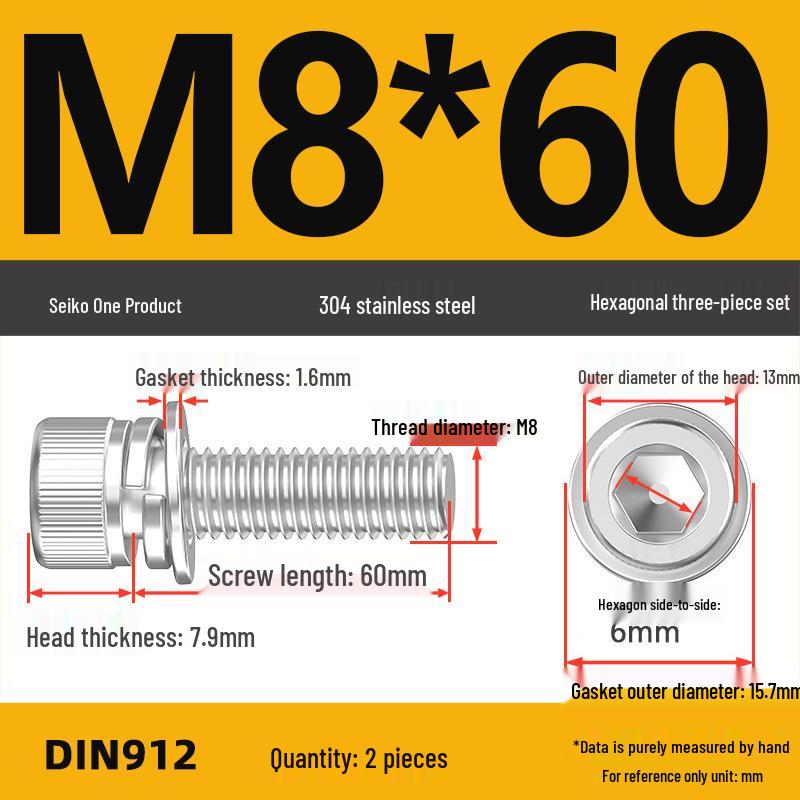 304 Stainless Steel Hex Socket Cap Screw with Washer - Sizes M3, M4, M5, M6, M8, M12