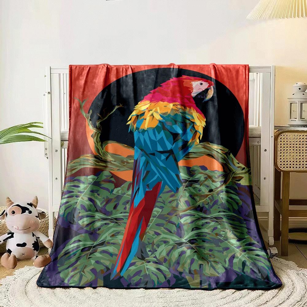 A vibrant parrot in geometric style with colorful feathers, leaves, and sunset. for all seasons blanket lunch break throw gift