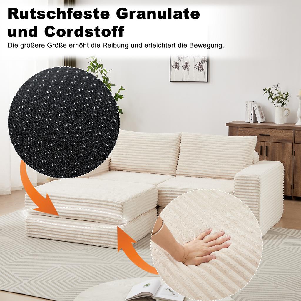 Corduroy 2-in-1 Schlafsofa mit zwei Kissen, Klassische eckige Armlehnen, Abnehmbarer Hocker, Modulares Sofa mit flexibler Konfiguration