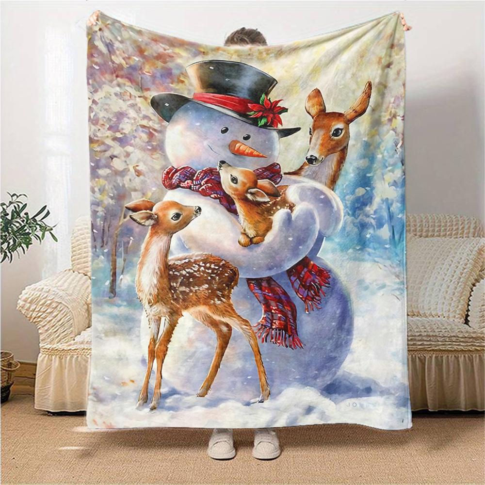 Snowman Deer Winter Scene Blanket Soft Throw Blanket For Home Bedroom Bed Sofa Travel Office Solid Christmas Blanket