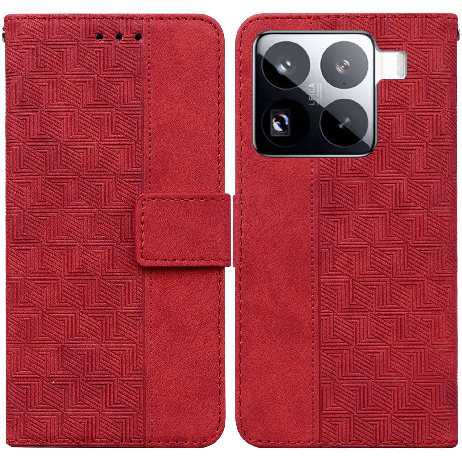 

For Xiaomi 15 Pro Case Geometry Pattern Leather Wallet Phone Cover with Wrist Strap Red