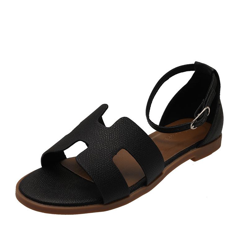Sandals Women's Summer Outer Wear 2025 New Flat Bottom One-word Buckle Belt Travel Vacation with Skirt Seaside Back Bag Beach Shoes