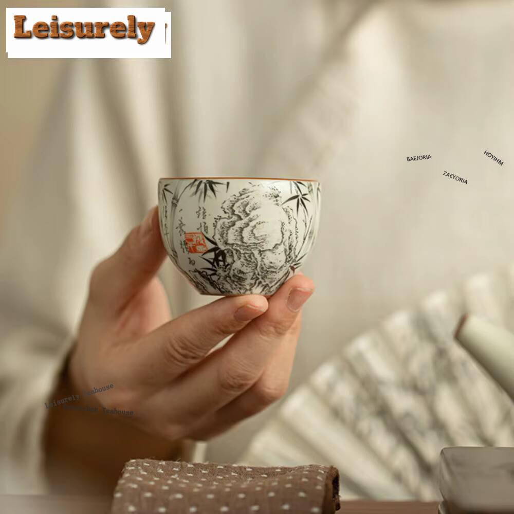 1pc/lot Ru Kiln Ink Bamboo Tea Cup Boutique Gracked Glaze Master Cup Tasting Mug Tea Bowl Tea Pair Meditation Cup Teaware 61ml