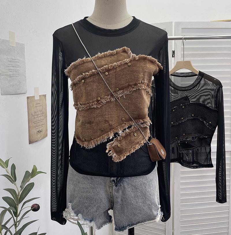 

Джинсовая рубашка с длинным рукавом и сетчатыми вставками, асимметричный подол, стиль Spicy Girl, пэчворк, 8978 One Size хаки