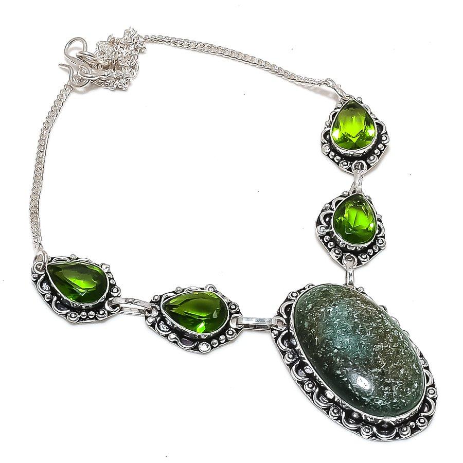 Indian Moss Agate, Peridot Gemstone 925 Sterling Silver Necklace 18"