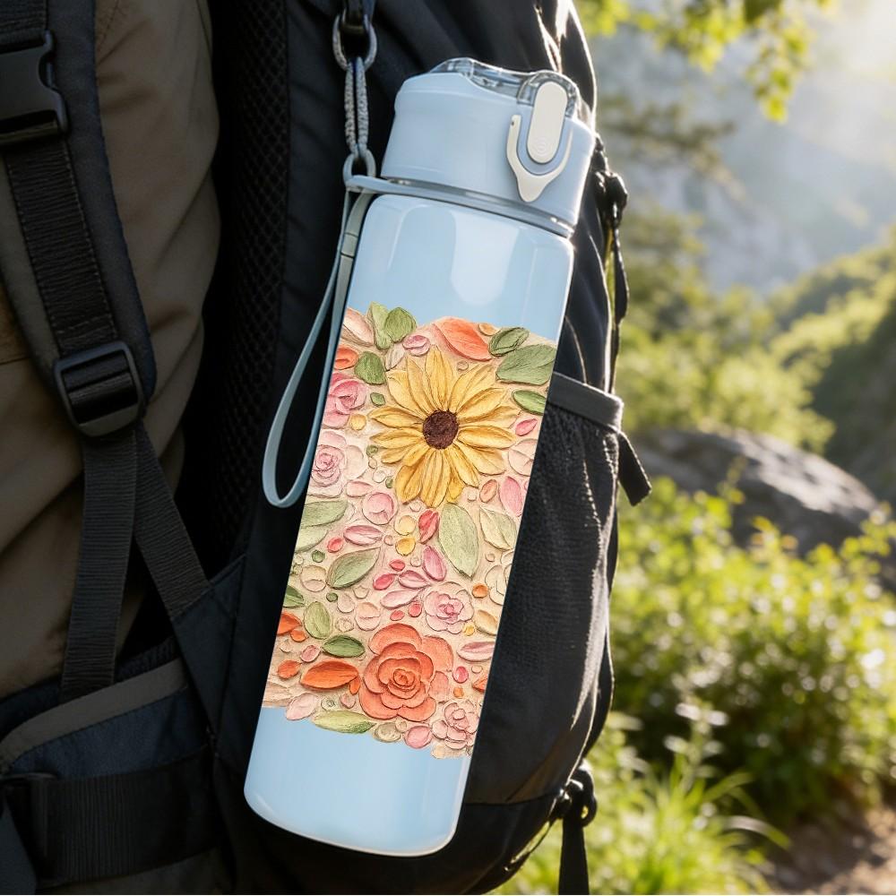 1PC Soft Pastel Flower Bouquet Print 750ml Color Plastic Sports Water Bottle Leakproof Flip Straw Lid Suitable for Sports Office Home Use