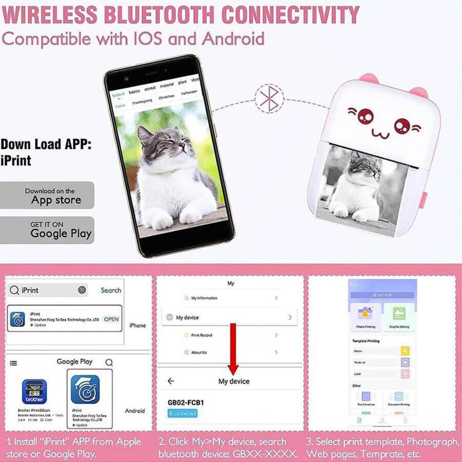 Portable Printer Bluetooth Connection Inkless Thermal Student Pocket Mini Label Printer School Office Supplies Stationery