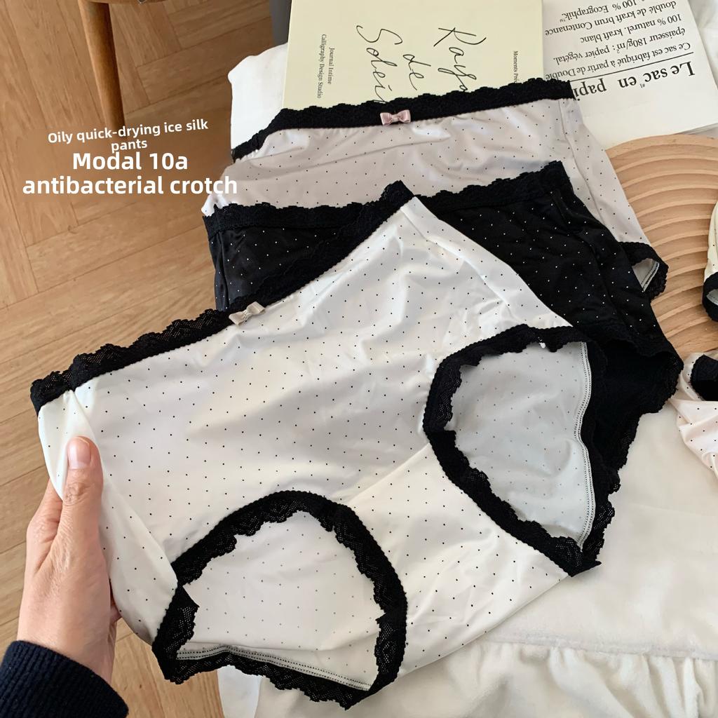 Female Spring and Summer Retro Polka Dot Ice Silk Lace Edge 10A Antibacterial Briefs