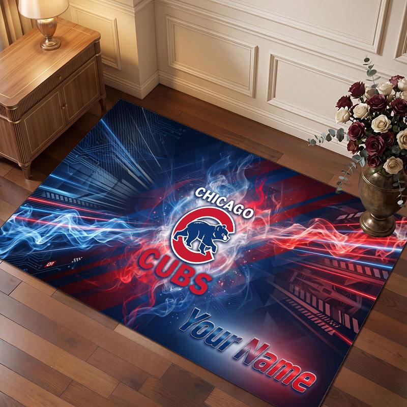 Chicago Cubs Personalized Crystal Velvet Carpet, Customized Name Text Soft Anti‑Slip Rug for Living Room Bedroom