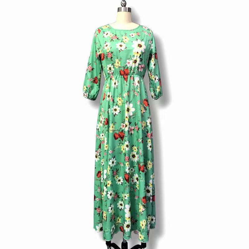 Retro Floral Long Dress with Round Neck and Large Swing - 2024 European & American Style