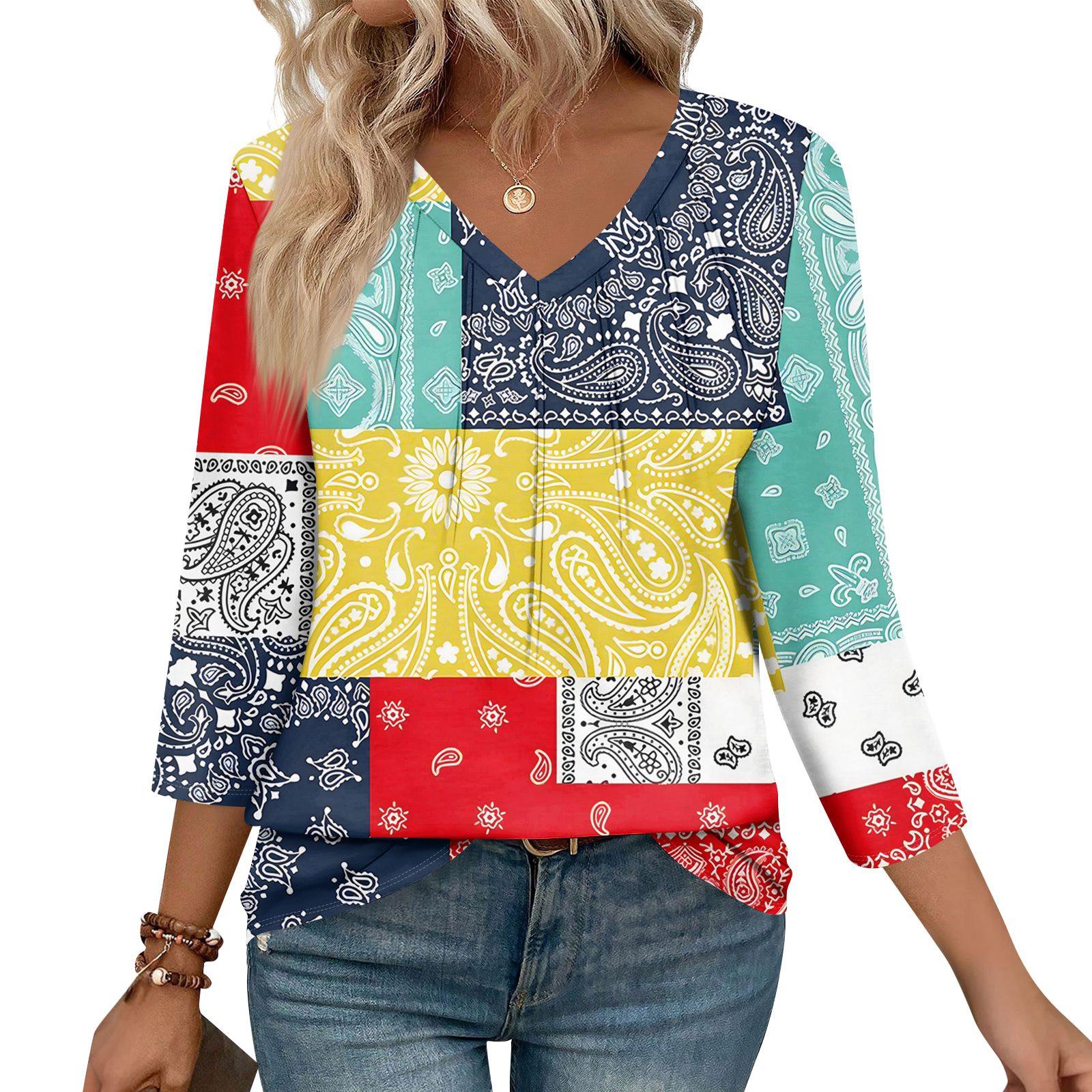 

Женские повседневные топы с V-образным вырезом, пуловеры, полосатые принты, топы с рукавами семь восьмых XL жёлтый