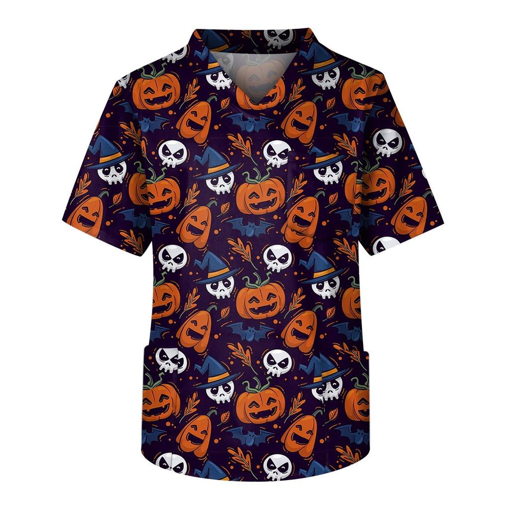 Plus rozmiar Halloween drukowane szorowanie jednolite topy robocze dla mężczyzn krzyżowy dekolt w serek z krótkim rękawem zabawne t-shirty odzież robocza Tee z kieszeniami