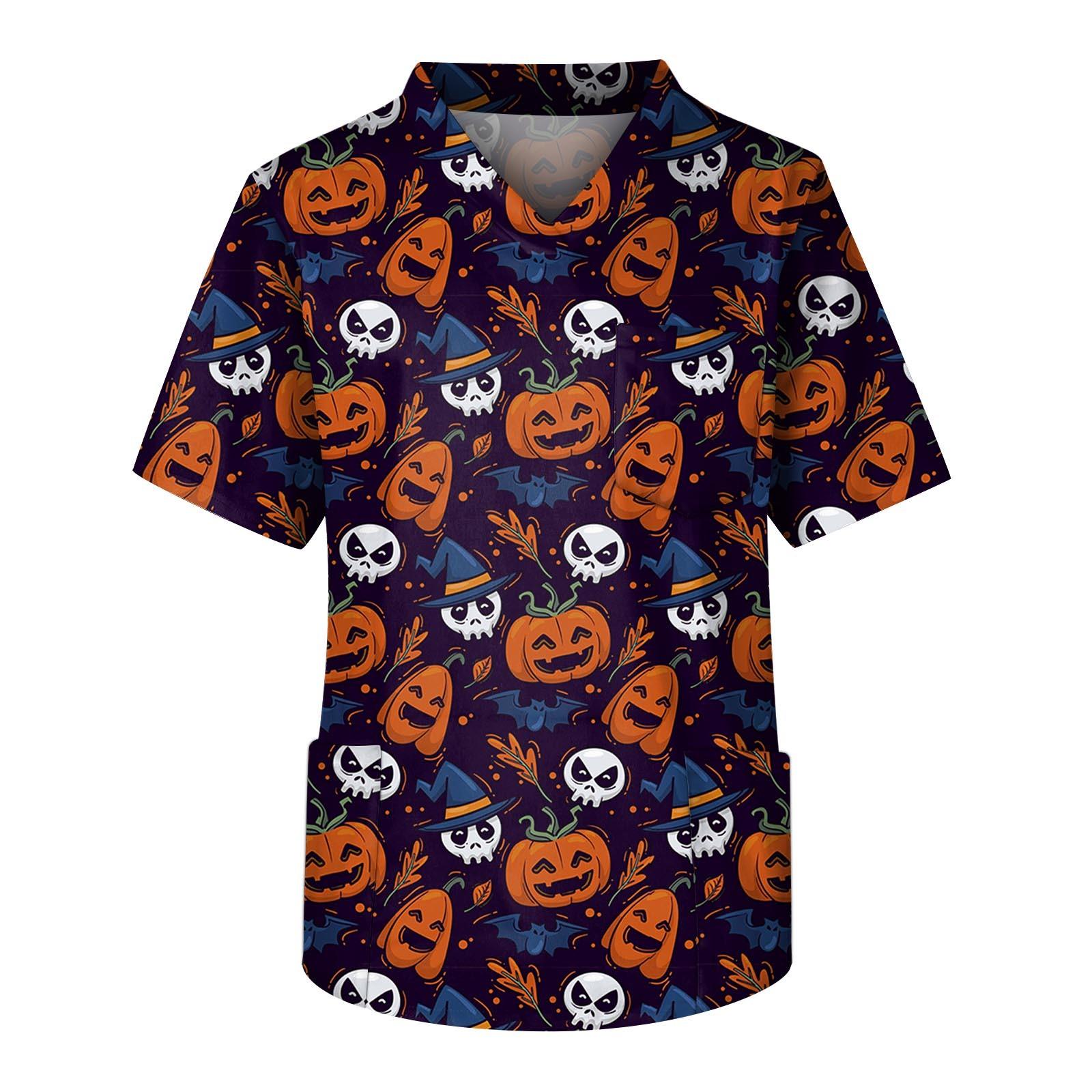 

Plus Size Halloween Printed Scrub Working Uniform Tops For Men s Cross V-Neck Short Sleeve Fun T-Shirts Workwear Tee With Pockets XXXL кавовий