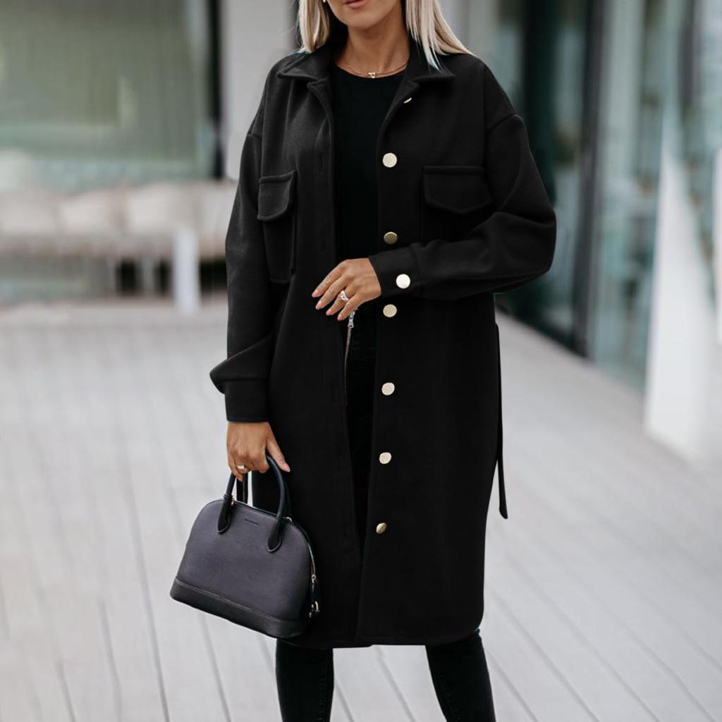 Einreihige, langärmlige Wolljacke für Damen mit einfarbigem Gürtel und Taschen