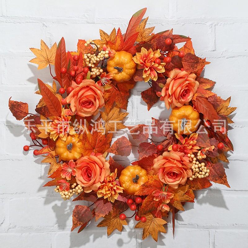 Artificial Maple Leaf Garland With Pumpkin Decor Halloween Door Hanging Party Decoration