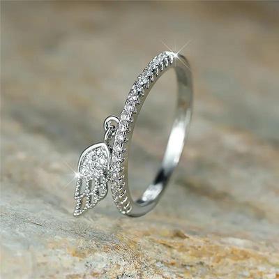 Cao Shi Wing Feather Zircon Pendant Ring for Women - Elegant European & American Style Fashion Jewelry