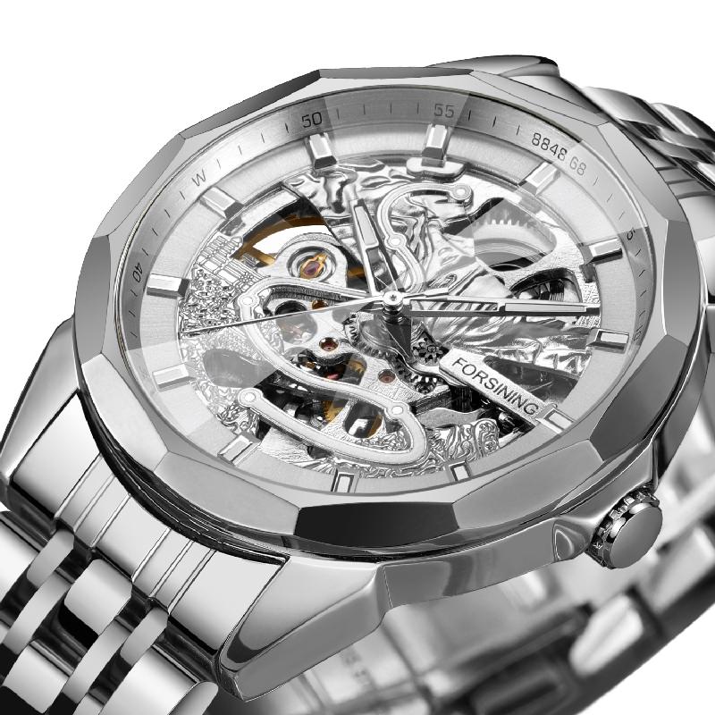New Skeleton Automatic Mechanical Men Wrist Watches Diamond Cut Crystal Luxury Solid Stainless Steel Band Deployment Clasp