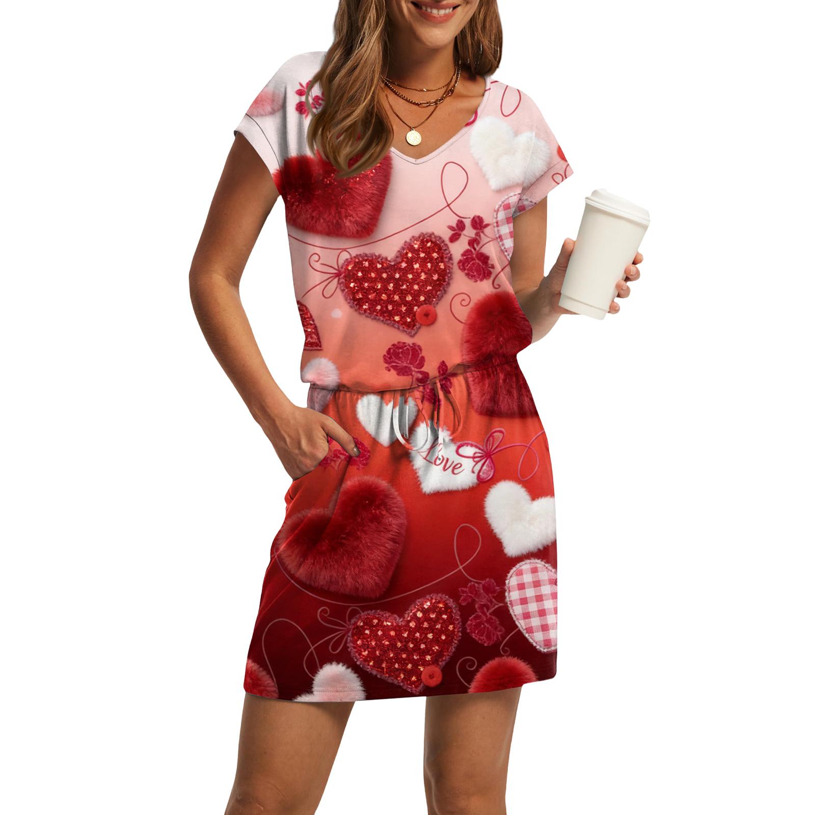 

Women s V-Neck Short-Sleeve Drawstring Pocket Valentine s Day Print Casual Dress S
