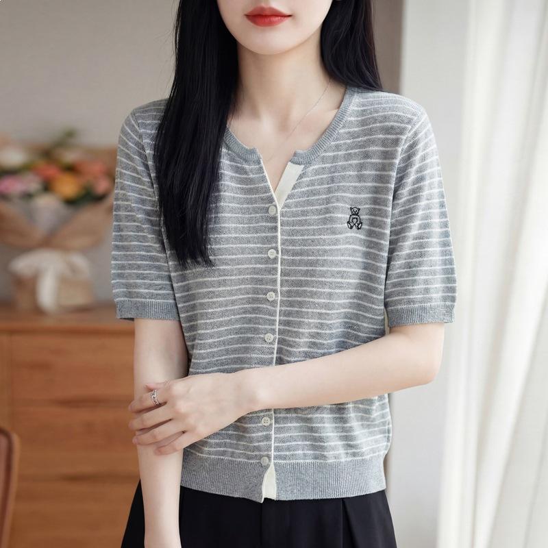 Spring and Summer New Style Scissors V-Neck Knitted Cardigan Short Sleeve Striped Embroidered Bear Top M серый